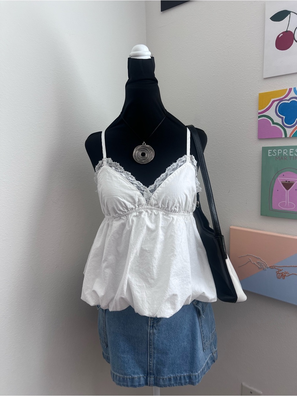 Y2K White Lace Trim Babydoll Cami Coquette Bubble Hem Fairycore Tank Top
